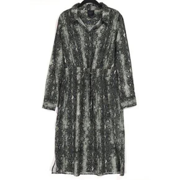 ALEX MARIE Green Snakeskin Midi Shirt Party Dress Drawstring Long Sleeve  Size 12